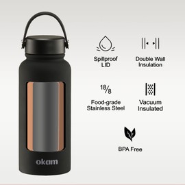 OKAM 950mL Insulated Water Bottle - Stainless Steel Double Wall Waterbottle, Black, Vacuum Insulated, BPA-Free, Leak-Proof Lid, Hot/Cold 12hrs, Wide Mouth -Gym, Outdoor, Office Drink Bottles Insulated