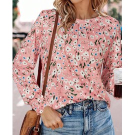 Uhiger Womens Tops Fall 2025 Long Sleeve Tunics for Women Cute Tops for Women Dressy Casual Tunics or Tops to Wear with Leggings Business Casual Blouse Party Holiday Clothes Puff Sleeve Pink Floral M
