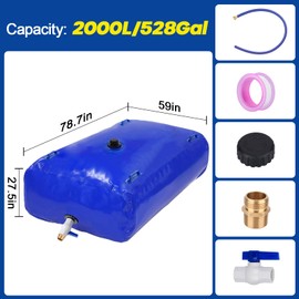 TooTaci 528Gal Large Capacity Water Storage Bladder, Portable Water Tank with Hose and 3/4" Adapters, Collapsible 2000L Reservoir for Garden Watering, Drought Resistance, Agricultural Irrigation