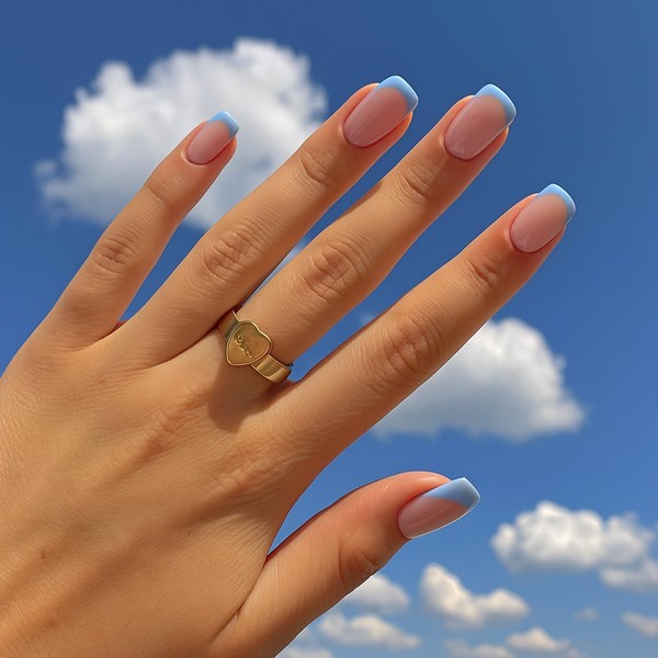 24Pcs Modern Baby Blue French Tip Press On Nails with