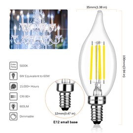 Brtstiun LED Candelabra Bulbs 60 Watt Equivalent, 6W E12 Small Base Dimmable 5000K Daylight White, 600 Lumens, C35 Vintage Candle CA11 Flame Tip LED Chandelier Light Bulbs, 6 Pack
