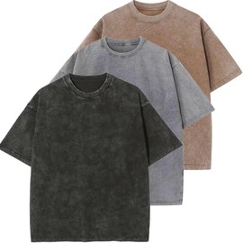 Japhlor 3 Pack Men's Washed Vintage tees Loose fit Cotton Oversized t-Shirts for Man Short Sleeve Casual Streetwear (US, Alpha, 5X-Large, Regular, Regular, Washed：Black+Grey+Coffee)