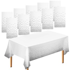 ausurme 10 Pack Disposable Tablecloths,Plastic Table Cover,Waterproof Party Tablecloths,White and Silver Dot Rectangular Table Cloth for Parties Wedding Birthdays(137 * 274 cm)