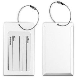 H.W.T Luggage Tags, 2 Pack Metal Rectangular ID Identifier Name Tag Address Labels, Silver