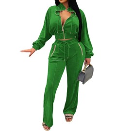Adogirl Women 2 Piece Outfits Velvet Sweatsuit Jogging Suit Full Zipper Sweatshirt + Wide Leg Sweatpants Tracksuit Lounge Set, Green, XX-Large