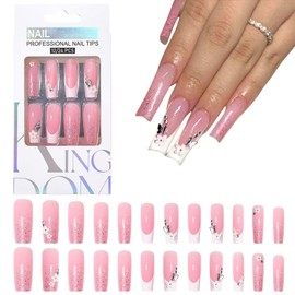Virellay 24Pcs French Press On Nails - Falsche Nägel - Künstliche Fingernägel Zum Aufkleben (French Glitter, Lang)