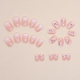 Buouo Press on Nails, Fake Nails Short Square Glue on Nails with Cute Style Designs,Stick on Nails Pink Acrylic Nails Full Cover Cute False Nails for Women Girls 24Pcs - Style 13