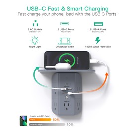 Wall Outlet Extender with Shelf and Night Light, Surge Protector, USB Wall Charger with 5 AC Outlets and 2 USB A Ports 2 USB C Ports Wide Space 3-Sided Power Strip Multi Plug Outlets, Gray