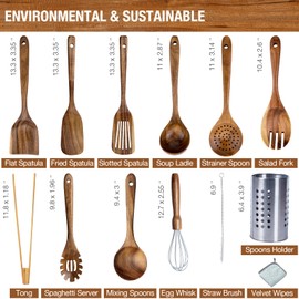 Premium Teak Wood Kitchen Utensil Set - 11-Piece Heat-Resistant Cooking Tools with Storage Holder, Non-Stick Wooden Spoons, Ladle, Turner, and More