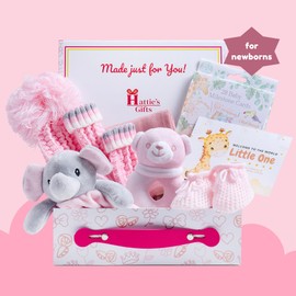 Hattie's Gifts Newborn Baby Girl Hamper - Elephant Comforter, Bear Rattle Toy, Muslin Cloth, Hat & Mitten Set, Booties, Milestone Cards, and Welcome Card - Christening and Baby Shower Gifts