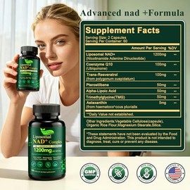 Suplemento NAD+ 120 cápsulas con resveratrol, suplemento liposomal NAD+ de 1200 mg, antioxidante y energía premium