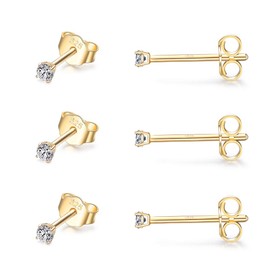 CERSLIMO Silver Stud Earrings for Women Men Girls, 3 Pairs Sterling Silver Tiny Cubic Zirconia Stud Earrings Small Dainty Cartilage Tragus Sleeper Earrings Set (2mm, Gold)