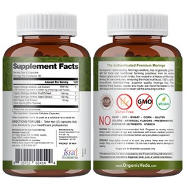 Organic Veda Organic Veda Moringa Capsules Triple Complex - 20 X Concentrated Organic Moringa Leaf Extract with Moringa Seed & Fruit Powder Vitamin, Antioxidant - Joints & Energy Support - 180 Vegan Capsule