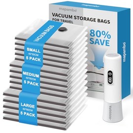 Travel Vacuum Bags for Clothes with Wireless Electric 60000Pa Pump, Pack of 15 Vacuum Storage Bags in 3 Sizes (40 x 50/40 x 60/50 x 60 cm), Save 80% Space for Travel Luggage and Storage