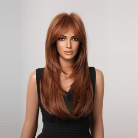 WTHCOS Long Layered Auburn Wigs for Women Long Wavy Orange Brown Wig with Bangs Highlight Synthetic Wigs with Wig Cap