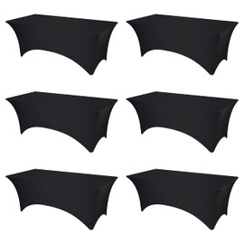 BRILLMAX 6 Pack Black Fitted Spandex Table Covers - 8ft Stretch Tablecloths for 8 Foot Rectangle Folding Cloths Rectangular Bulk Linen Fabric Elastic for Wedding Reception Banquet Birthday Party
