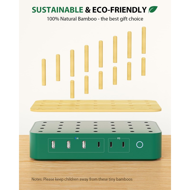 VisionSync Bamboo USB-C Charging Station for Multiple Devices,60W 6 Port