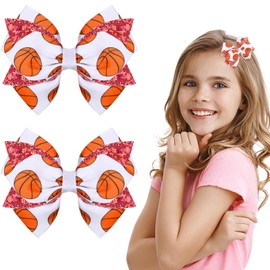 2 Pieces Softball Hair Bows Clips, 7.5 Inch Softball Grosgrain Ribbon Hair Bows Pinsfor Women School Softball Team Birthday Party (Basketball)