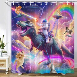 Dinosaur Shower Curtain, Cool Funny Astronaut Riding Dinosaur On Fantasy Galaxy Hilarious Shower Curtain, Funny Outer Space Universe Boys Kids Bathroom Accessories Set with Hooks(72X72inch, Purple2)