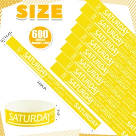 Henoyso 600 Pcs Saturday Paper Wristbands Event Admission Paper Bracelets Numbered Waterproof Party Armbands for Events Day of The Week(Yellow)