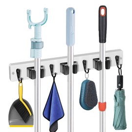 Mop and Broom Holder Wall Mount-Rustic Wood Broom Hanger Wall Mount | Laundry Room Organization and Storage Broom Organizer Wall Mount-Kitchen Decor Modern Farmhouse Wall Decor (Whites-3slots/4hooks)