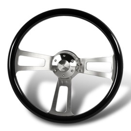 RACING9SPEED W-POWER Universal 17" 432MM 2.5" Deep Dish 5-Hole 3-Spoke Steering Wheel w/Horn Button, Car Mods Interior Accessories, Auto Replacement Parts Assembly (Billet Center/Black Wood Grip)