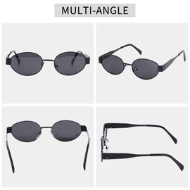 Risipu Retro Trendy Oval Sunglasses for Women Retro Gold Fashion Designer Sun Glasses Classic Metal Frame Shades 90s Style (Black/Grey)