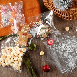 CUDICY Christmas Cookie Bags 300pcs Snowflake Cellophane Treat Bags 4x4 Self Adhesive Cookie Bags for Gift Giving Packaging Candy Goodie Holiday Homemade Bakery