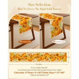 Miss Adola Pumpkin Sunflower Fall Table Runner - 13"×72" Plaid Thanksgiving Table Runner for Fall Decor, Seasonal Harvest Autumn Thanksgiving Decorations for Home, Dining Room, Kitchen, Parties