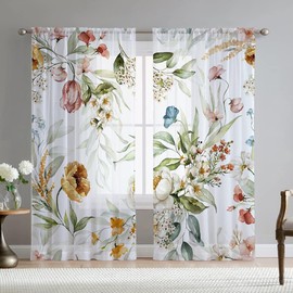 Fereyis Floral Sheer Curtains for Living Room 63 inch Length 2 Panels Set Elegant Yellow Flower Spring Printed Window Curtain Chiffon Drapes for Bedroom