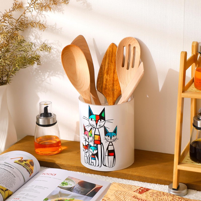 WILLBOND Cat Kitchen Decor Acrylic Kitchen Utensil Holder Crock Spoon