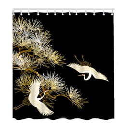 Zaueky Crane Shower Curtain Black Gold White Birds Look at Each Other Oriental Culture Fabric Bath Curtain Bathroom Printing Decor Set with 12 Hooks Standard Size 72×72 Inch