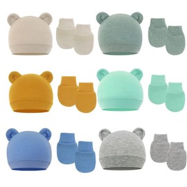 PythJooh Newborn Baby Hats and Mittens Set, Infant Baby Girl Boy 6 PCs Cotton Hospital Nursing Hats with 6 Pairs Anti-Scratch Mittens Set for 0-6Months