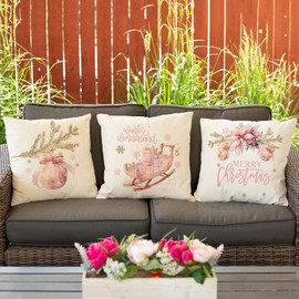 AOFANGGO Christmas Pillow Covers 16x16 inch Set of 4 Holiday Decorations Pink Xmas Gold Glitter Throw Pillows Cushion Covers for Bed Chair Sofa Couch