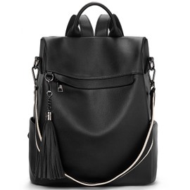 Telena - Mochila para mujer, piel sintética, antirrobo, bolsa de hombro con borla, Negro puro, Large, Mochilas de viaje