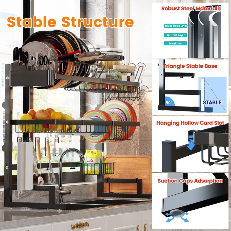ADBIU Over Sink Dish Drying Rack (Expandable Height/Length) Snap-On Design