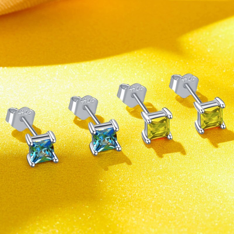 NINGAN December Birthstone Stud Earrings 925 Sterling Silver, Square CZ