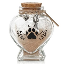 Pet Memorial Gift for Loss of Dog or Cat, Heart Shape Glass Jar & Bottle for Fur, Hair, Whiskers or Ashes Keepsake Urn with Cork Top, Charms for Cute Rainbow Bridge Memorial, Dog