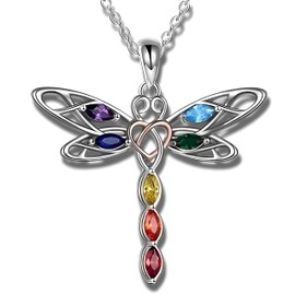 Sterling Silver Dragonfly Pendant Necklace, Multi-Color Crystal Wings, Celtic Heart Design - Dragonfly Gift, Adjustable, Stainless Steel, Cubic Zirconia