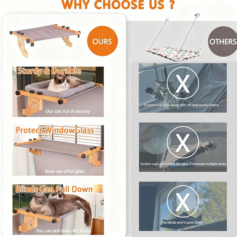 Cat Window Perch - Drill-Free Adjustable Sill Hammock, Sturdy Wood