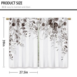 Laifzere Grey White Flower Eucalyptus Kitchen Curtains Botanical Leaves Small Short Cafe Window Curtains Watercolor Plant Floral Bathroom Drapes Treatment Tier Curtains 2 Panels (27.5x39 Inch)