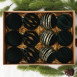 Christmas Ornaments Set of 12, 3.15" Flocked Velvet Balls with Hand Painted Designs,Emerald Green Elegant Christmas Tree Decorations in Gift Box