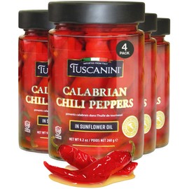 Tuscanini Italian Whole Calabrian Chili Peppers In Oil, 9.2oz (4 Pack) | Beautifully Red and Long Peppers | Nothing Artificial | Product of Italy | Kosher