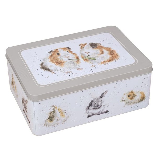 Wrendale Designs by Hannah Dale - Guinea Pig & Rabbit Grey Storage Tin - ​​160mm x 220mm x 85mm