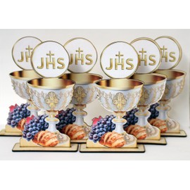 Ooki 6pc JHS Cup Wood Party Favor Stand Baptism 1st Holy Communion Confirmation Centerpiece Cutout Grape Bread Chalice Religious Cross Primera Communion Laser