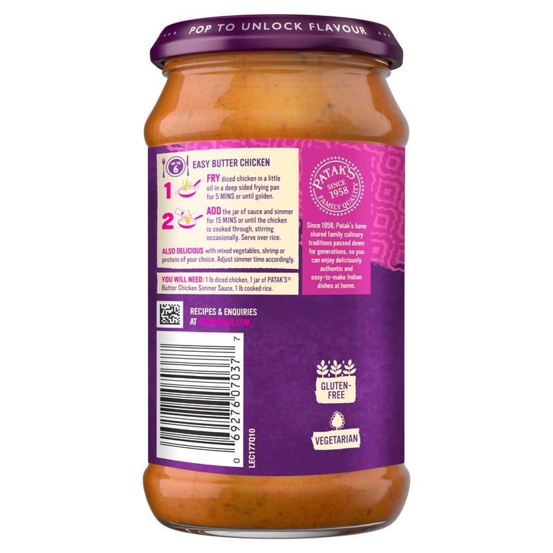 Patak's Butter Chicken Simmer Sauce with Tomato, Cream & Spices,