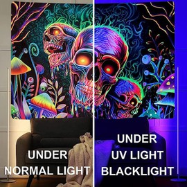 Brrnoo Black Light Skull Tapestry, UV Reactive Skull Tapestry, Decorative, Colourful, Mysterious, Handmade Black Light Tapestry with Accessories (150 x