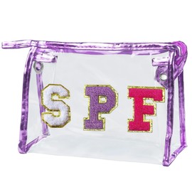 COSHAYSOO Clear Makeup Bag Preppy Sunscreen Zipper Pouch Beach Pool Travel Things Summer Stuff Traveling Cosmetic Toiletry Make Up Essential Gift for Women Teen Girl with Letter Patch Purple SPF