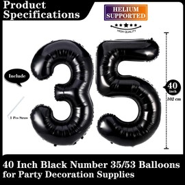 Black 35 Number Balloons, 40 Inch Giant Number 35 Balloons Foil Mylar Helium Black Number Balloons for 35th Birthday Party Supplies Anniversary Event Celebration Decorations