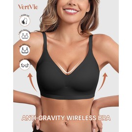 Vertvie Wireless Bras for Women Full Coverage Push Up Bra Full Support Seamless No Underwire Molded Cup Comfort Bralette(Black,Large)
